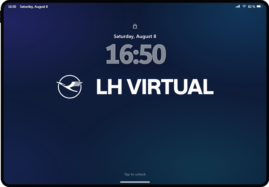 The LH Virtual Crew Pad on its lock screen, showing the date and the pilot's notifications